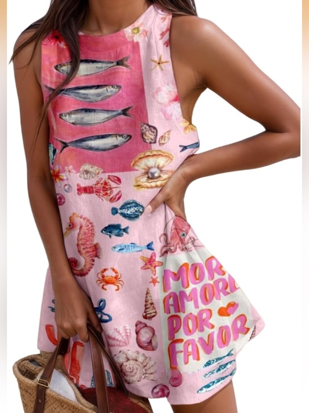 Pink Tropical Beach Print Sleeveless Dress